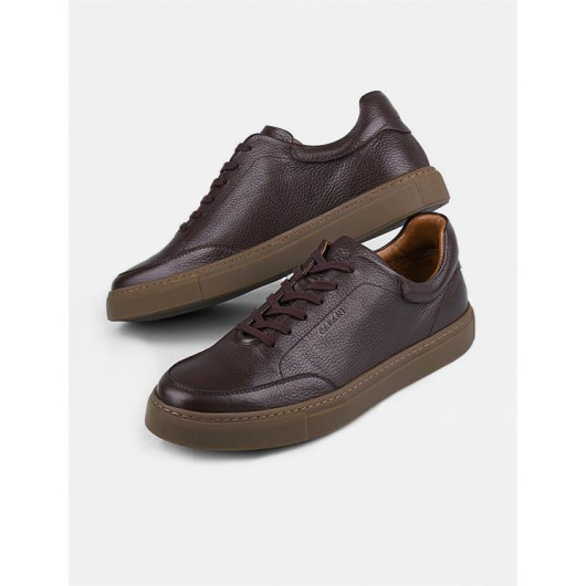 Rubber Sole Genuine Leather Brown Laced Men's Sports Shoes