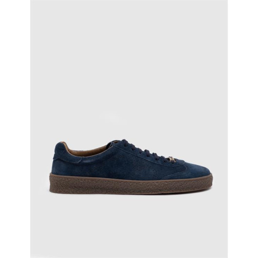 Rubber Sole Genuine Leather Navy Blue Lace-Up Men's Sports Shoes