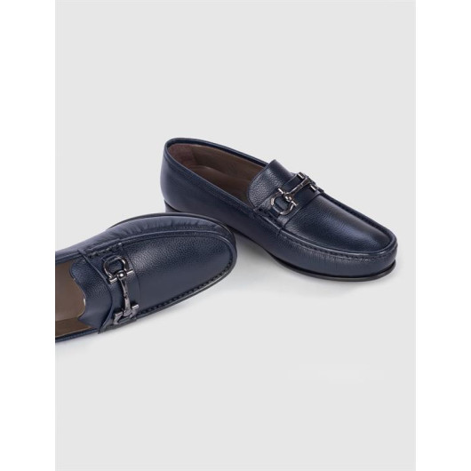Rubber Sole Genuine Leather Navy Blue Men's Loafer Shoes