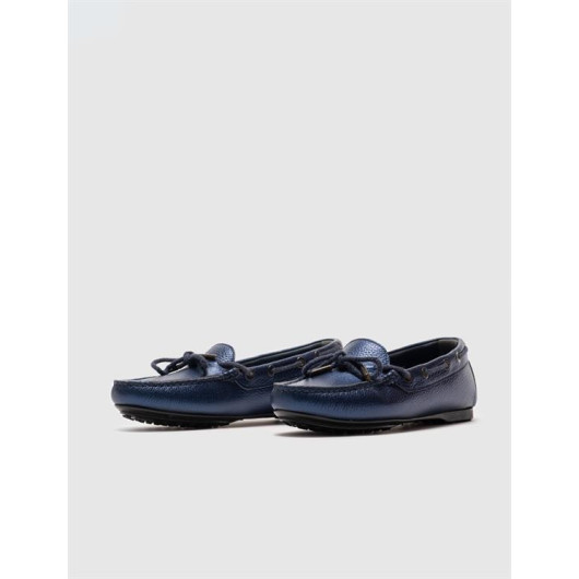 Rubber Sole Genuine Leather Navy Blue Women's Loafer