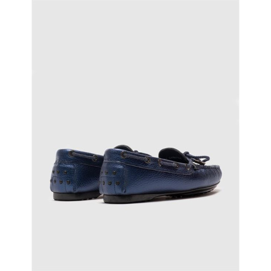 Rubber Sole Genuine Leather Navy Blue Women's Loafer