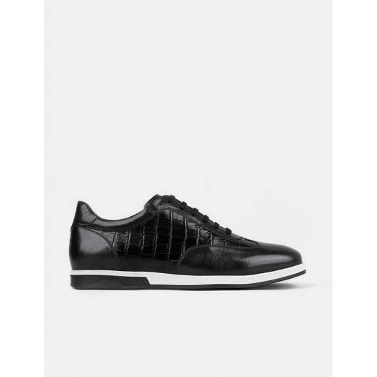 Rubber Sole Genuine Leather Black Laced Men's Casual Shoes