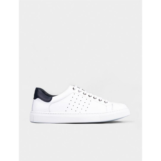 Navy Blue Ankle Detailed Genuine Leather White Laced Men's Sports Shoes