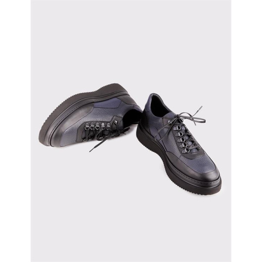 Navy Blue Genuine Leather Lace-Up Men's Casual Shoes