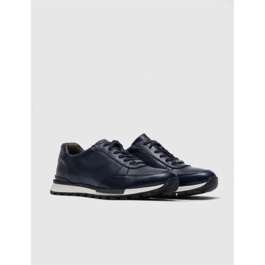 Navy Blue Genuine Leather Lace-Up Men's Sports Shoes