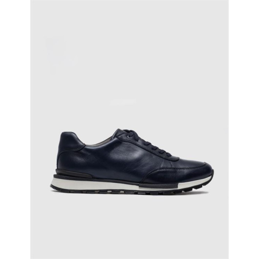 Navy Blue Genuine Leather Lace-Up Men's Sports Shoes