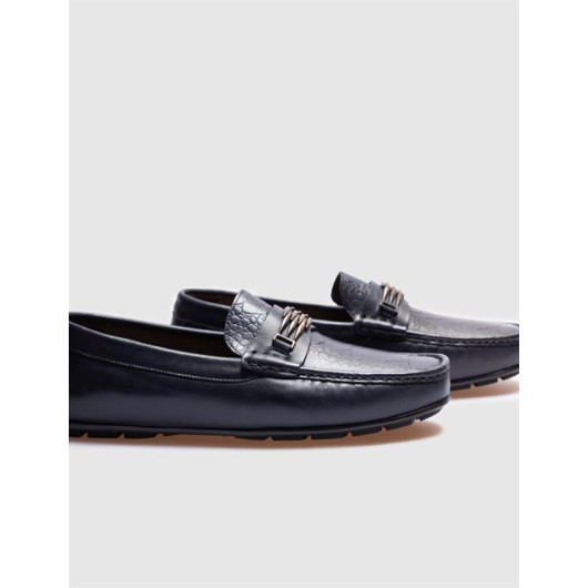 Navy Blue Genuine Leather Men's Loafer Shoes