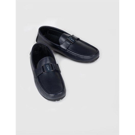 Laser Detailed Genuine Leather Navy Blue Men's Loafer Shoes
