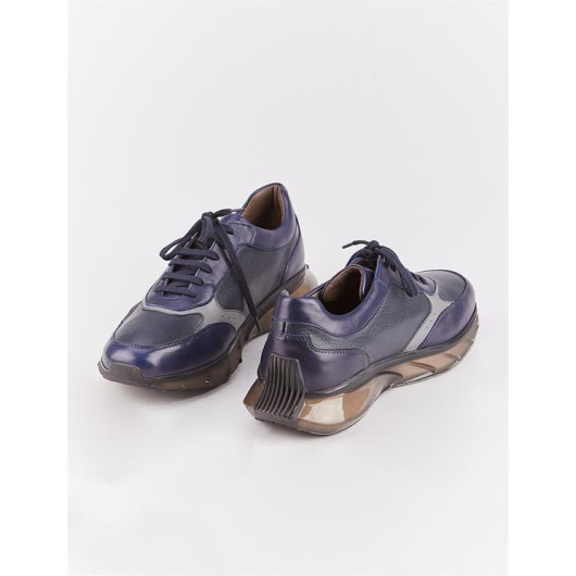 Light Eva Sole Genuine Leather Navy Blue Lace-Up Men's Sports Shoes