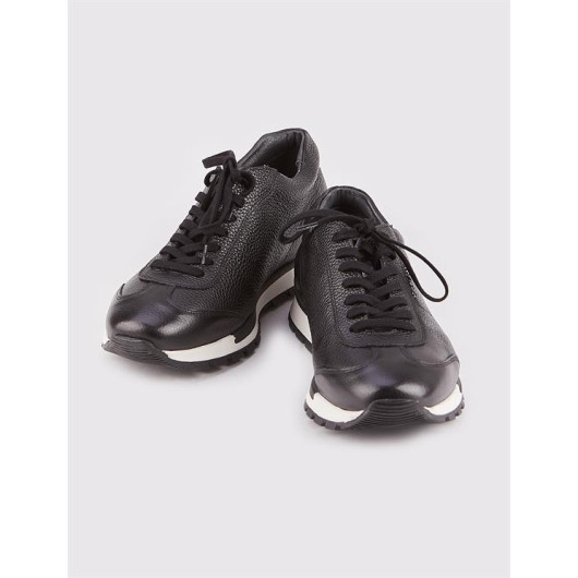 Light Thermo Sole Genuine Leather Black Laced Men's Sports Shoes