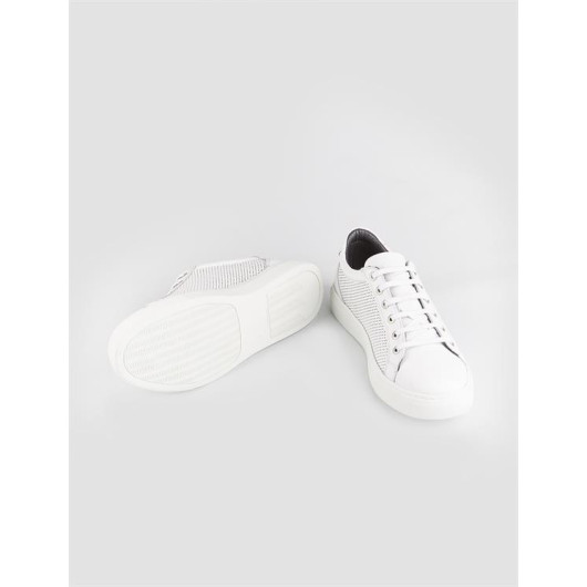 Leather Lining Genuine Leather White Lace-Up Men's Sports Shoes