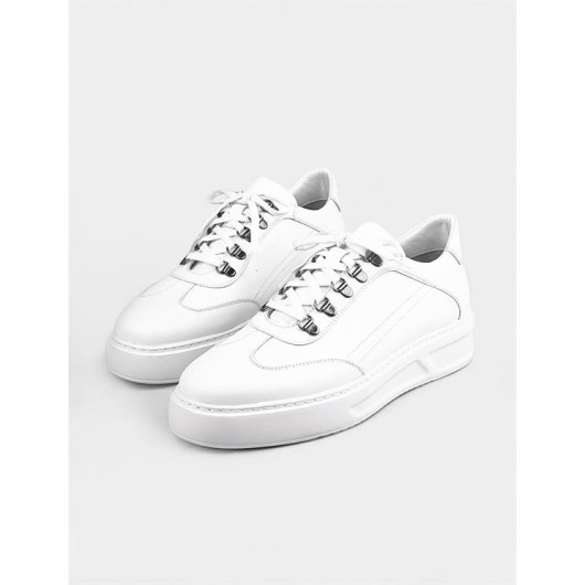 Seasonal Genuine Leather White Lace-Up Men's Sports Shoes