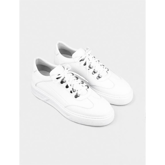 Seasonal Genuine Leather White Lace-Up Men's Sports Shoes