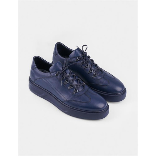 Seasonal Genuine Leather Navy Blue Lace-Up Men's Sneakers