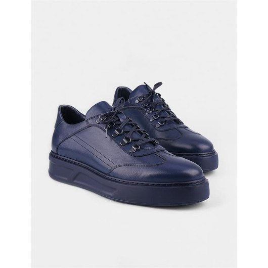 Seasonal Genuine Leather Navy Blue Lace-Up Men's Sneakers