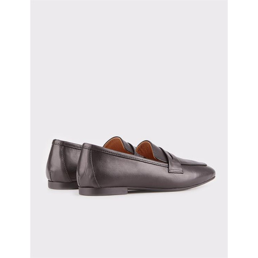Polyurethane Sole Genuine Leather Black Women's Loafer Shoes