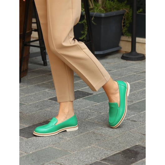 Polyurethane Sole Genuine Leather Green Women's Loafer Shoes