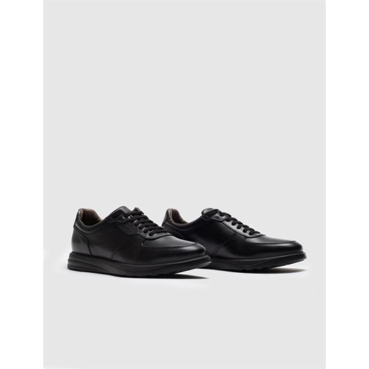 Black Genuine Leather Lace-Up Men's Sneaker Sports Shoes