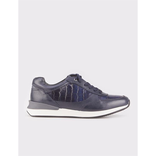 Thermo Sole Genuine Leather Navy Blue Lace-Up Men's Sports Shoes