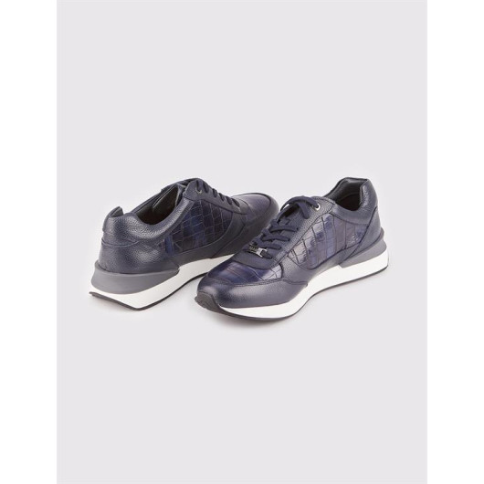 Thermo Sole Genuine Leather Navy Blue Lace-Up Men's Sports Shoes