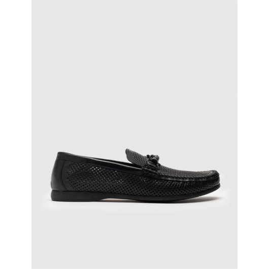 Detail Genuine Leather Black Men's Loafers With Buckle Accessories