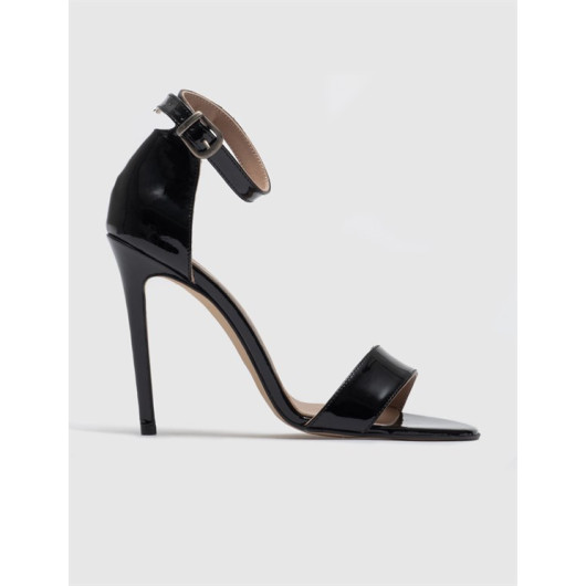 Buckle Band Detail Genuine Leather Black Women's Heeled Shoes