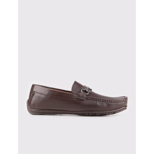Buckle Detailed Men's Genuine Leather Brown Loafer Shoes
