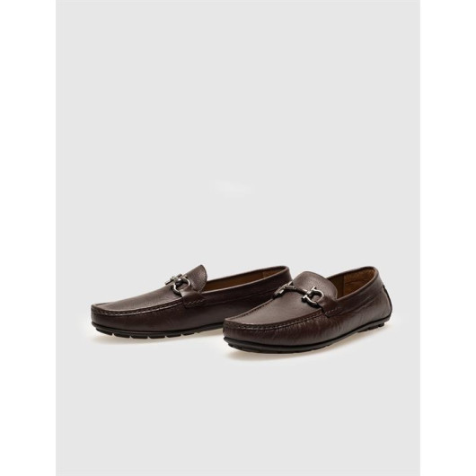 Buckle Detailed Genuine Leather Brown Men's Loafers