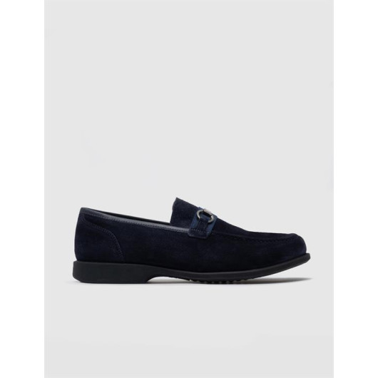Buckle Detailed Genuine Leather Navy Blue Men's Loafers