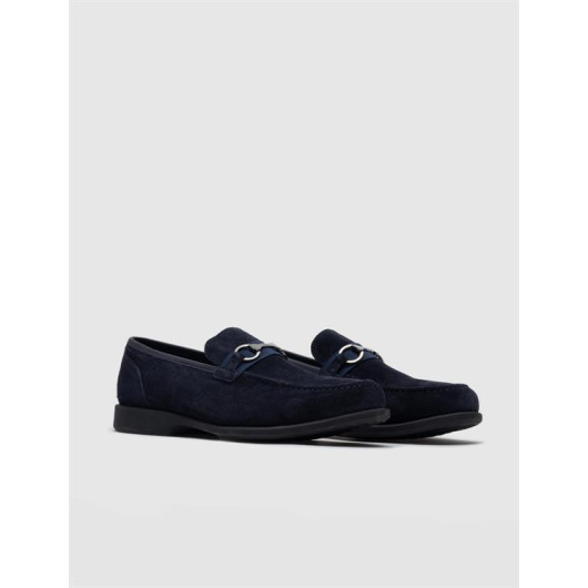 Buckle Detailed Genuine Leather Navy Blue Men's Loafers