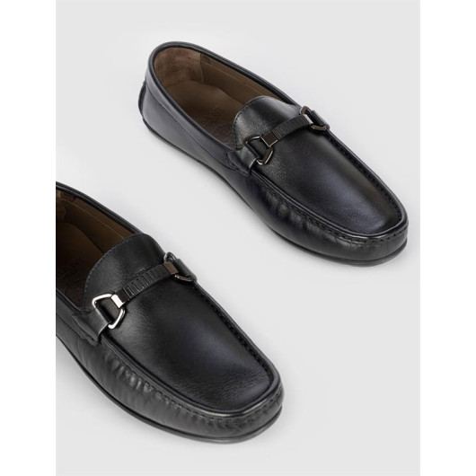 Buckle Detailed Genuine Leather Black Men's Loafers
