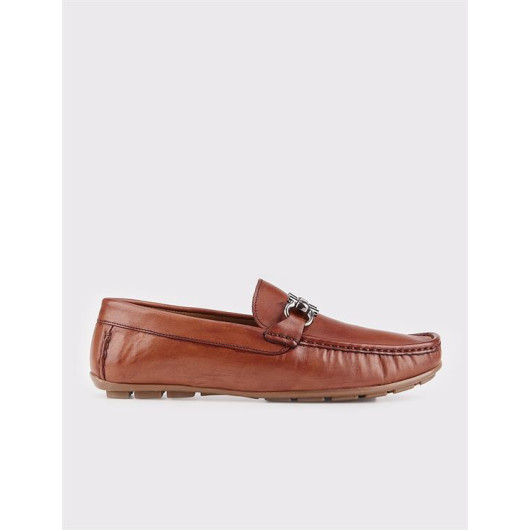 Buckle Detailed Genuine Leather Tobacco Men's Loafer
