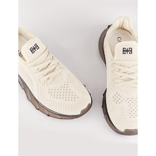 Knitwear Beige Lace-Up Women's Sneakers