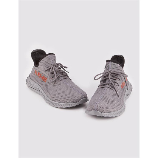 Text Patterned Knitwear Gray Lace-Up Men's Sneakers
