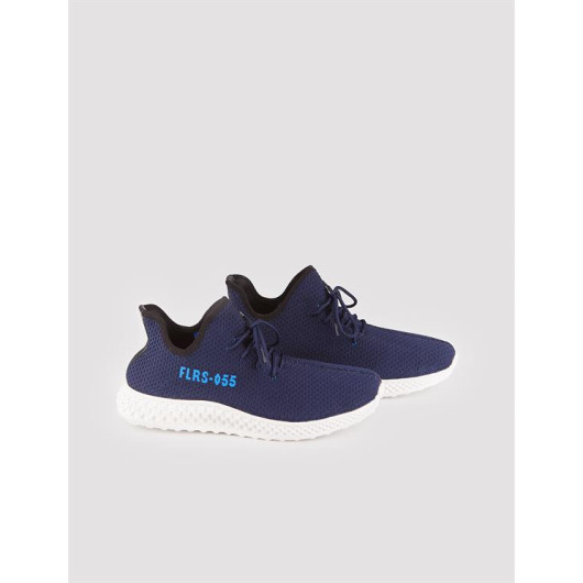Text Patterned Knitwear Navy Blue Lace-Up Men's Sneakers