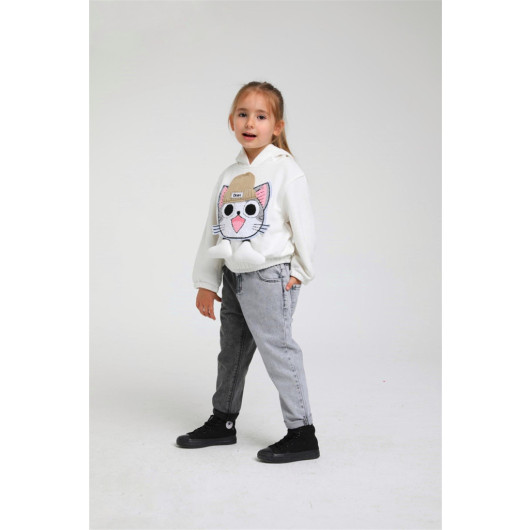 01-04 Years Old Baby Girl White Color Cat Themed Hooded Sweat