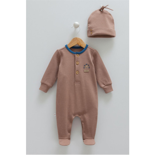 01-12 Months Baby Boy Brown Color Buttoned Jumpsuit Set