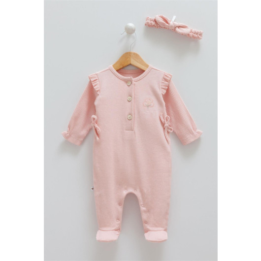 01-12 Months Baby Girl Salmon Color Buttoned Jumpsuit Set