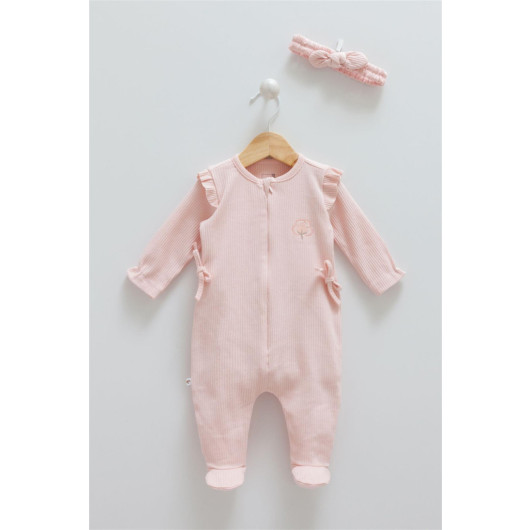 01-12 Months Baby Girl Salmon Color Zippered Jumpsuit Set