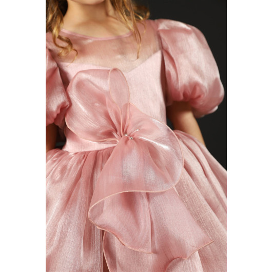 فستان بناتي بأكمام نفخ لون وردي لعمر بين 04 - 08 سنة