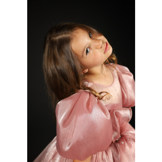 فستان بناتي بأكمام نفخ لون وردي لعمر بين 04 - 08 سنة