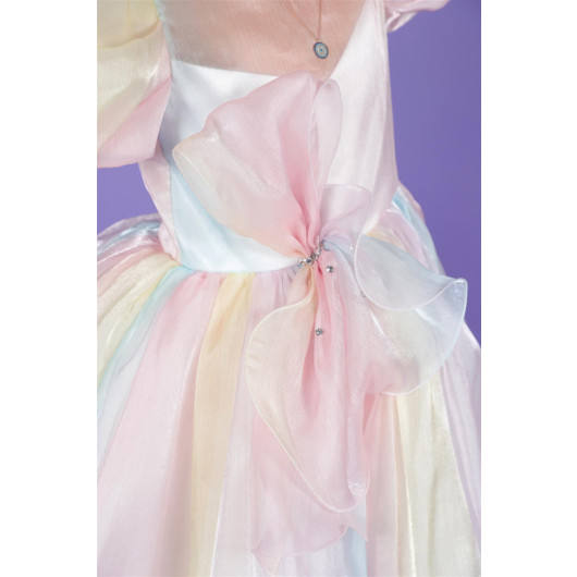 فستان بناتي ملون مزين بفيونكة لعمربين 04 - 08 سنة