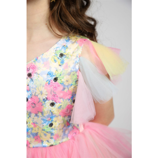 فستان الأميرة ملون ومزين بالتول لعمر بين 04 - 08 سنة