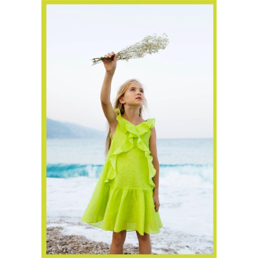 فستان بناتي بلون أخضر فاتح مناسب لعمر 04 - 12 سنة