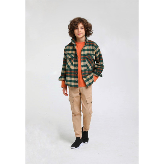 04-14 Years Old Boy Green Color Plaid Shirt