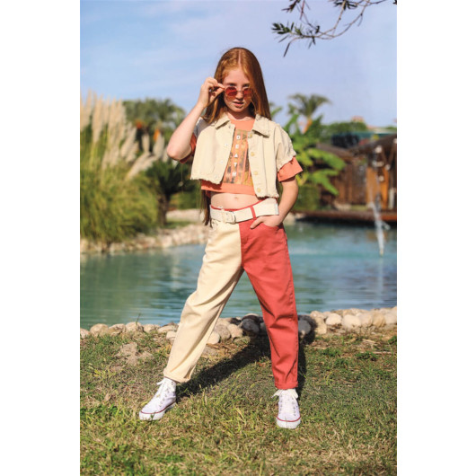 04-14 Years Old Girls' Double Colored Tile Trousers With Belt