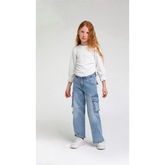 04-14 Years Old Girl's Denim Blue Pocket Detailed Jeans
