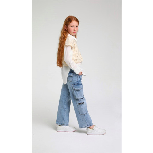 04-14 Years Old Girl's Denim Blue Pocket Detailed Jeans