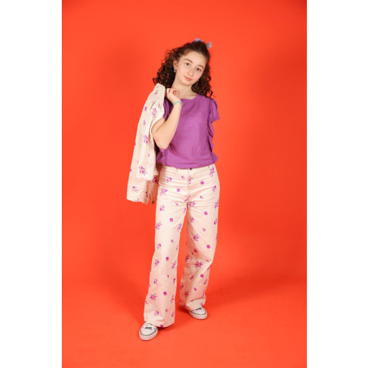 04 -14 Years Girl Child Purple Flower Embroidered Trousers