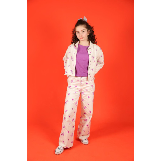 04 -14 Years Girl Child Purple Flower Embroidered Trousers